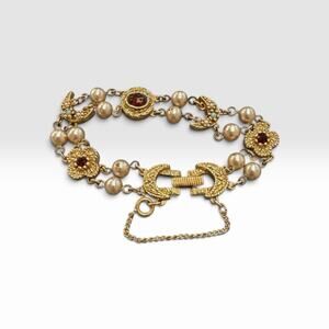60s Goldette Gold Tone Slide Bracelet 7.5" Crescent Moon Faux Pearls Red Stones
